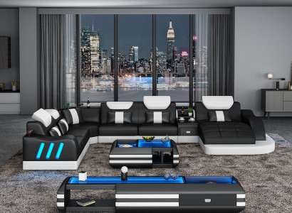 Ecksofa U-Form Couchtisch Polster Garnitur Wohnlandschaft Design Ecksofa Led