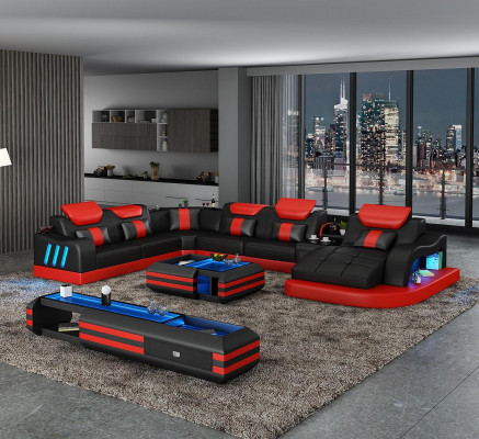 Ecksofa U-Form Sideboard Couchtisch Couch Design Grau Polster Leder Modern 3tlg.