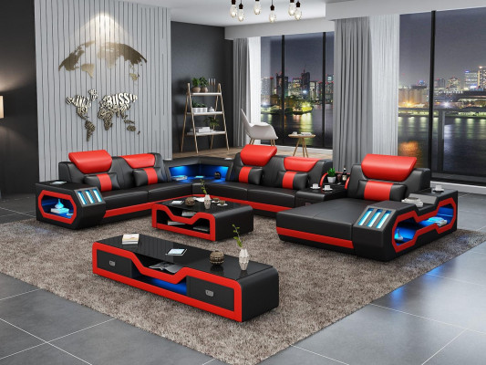 Wohnlandschaft Couch Polster Garnitur Sofa 3tlg. Set Couchtisch Sideboard Leder