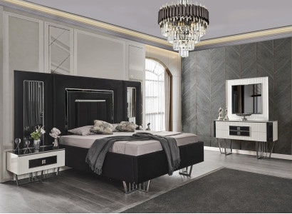 Schlafzimmer Möbel Luxus Bett Textil mit Nachttischen Kommode Spiegel 5tlg