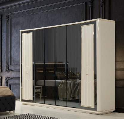 Modernes Schlafzimmer Set Schwarzes Bett + 2x Nachttische 4tlg. Kleiderschrank