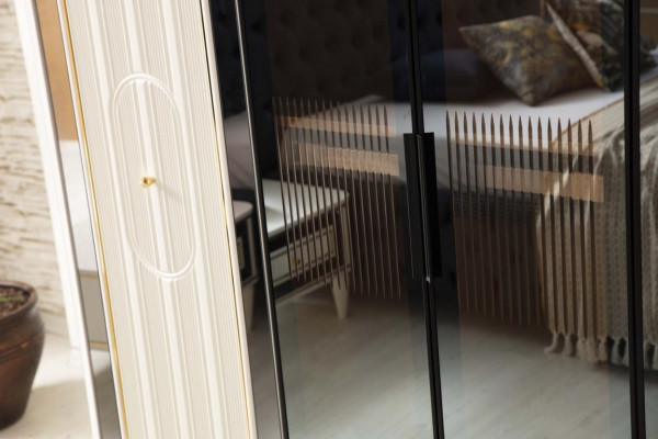 Modernes Schlafzimmer Set Schwarzes Bett + 2x Nachttische 4tlg. Kleiderschrank