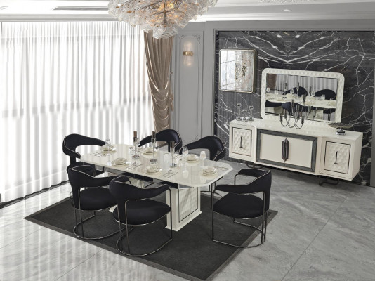 Modernes Esszimmer Set Weißer Esstisch 6 Stühle weiße Sideboard Spiegel neu
