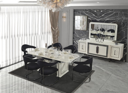 Modernes Esszimmer Set Weißer Esstisch 6 Stühle weiße Sideboard Spiegel neu