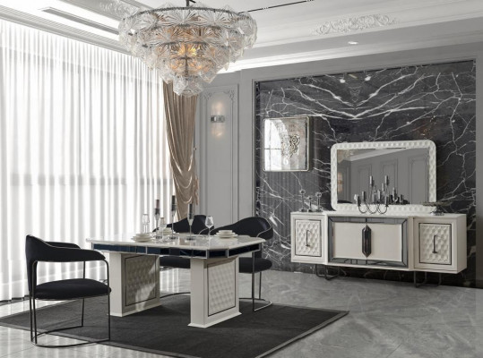 Modernes Esszimmer Set Weißer Esstisch 6 Stühle weiße Sideboard Spiegel neu