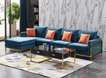 Ecksofa L Form Couchtisch Sofa Couch Design Polster Luxus Blau Tisch
