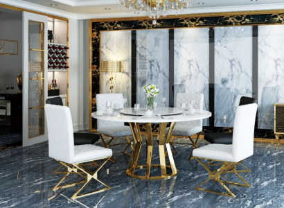 Esszimmer Garnitur Moderner Esstisch + 6 Lehnstühle Metall Leder Set