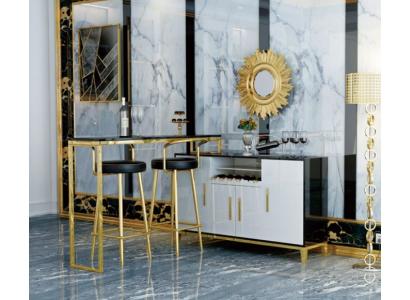 Luxus Edelstahl Glas Haus Bar 4 tlg. Garnitur Bartisch 2x Barhocker Schrank