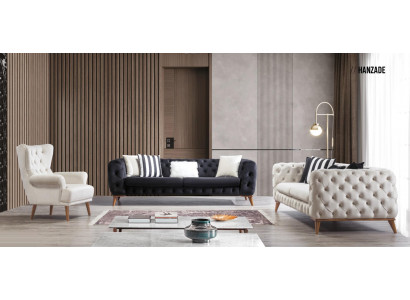 Sofagarnitur Sofa 3+3+1 Sitzer Schwarz Chesterfield Sessel Möbel
