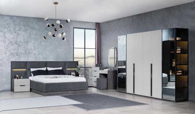 Schlafzimmer Bett Nachttische Kleiderschrank Kommode mit Spiegel Möbel Set 5tlg
