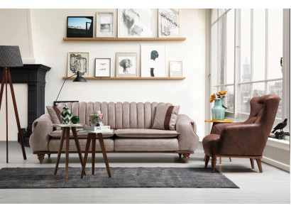Designer Sofagarnitur 3+1 Sitz Couchtisch Sofabezug Textil Braun Holz
