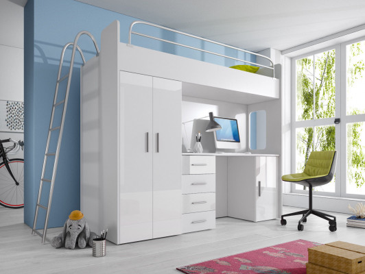 DOPPELSTOCKBETT STOCKBETT ETAGENBETT MIT SCHREIBTISCH+KLEIDERSCHRANK-RAJ 4D WEIß
