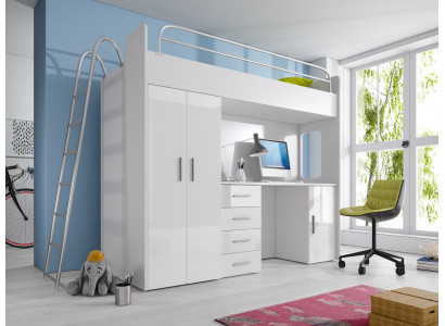 DOPPELSTOCKBETT STOCKBETT ETAGENBETT MIT SCHREIBTISCH+KLEIDERSCHRANK-RAJ 4D WEIß