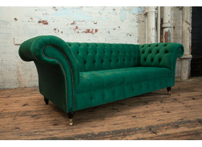  Klassische Chesterfield Couch 3 Sitzer Sofa Couch Samt Leder Design big grün neu