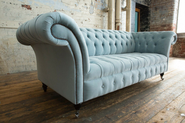 Chesterfield 3 Sitzer Polster Couch Leder Sofa Couchen Textil Modern Stil Blau