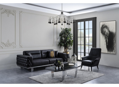 Sofagarnitur Komplette Sofa 41 Sitz Sessel Kunstleder Schwarz Set 2tlg