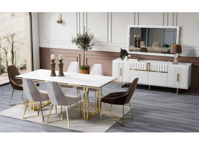 Esszimmer Set Einrichtung Gold 8tlg. Garnitur Tisch 6x Stühle Kommode
