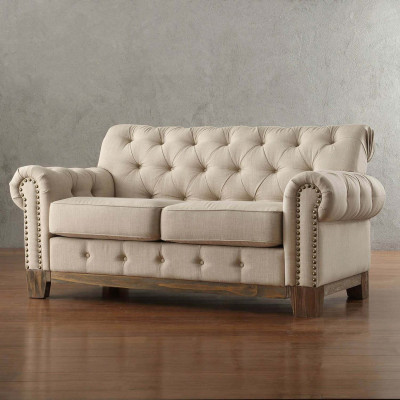 Chesterfield 2 Sitz Klassische Luxus Natur Holz Gestell Sofa Textil Leder Couch