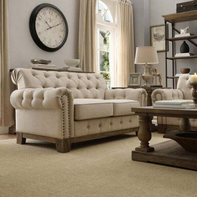 Chesterfield 2 Sitz Klassische Luxus Natur Holz Gestell Sofa Textil Leder Couch