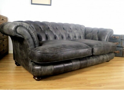 Chesterfield Big Xxl Couch % Leder Schwarzer 3-Sitzer Vintage-Stil