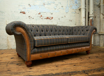 Design Chesterfield 3 Sitzer Stoff Couch Grau Polster Sofas Sofa England 225cm