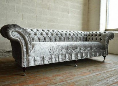 Silber Chesterfield Textil Leder Sofa Couch Polster Big Sitzpolster Neu 265cm