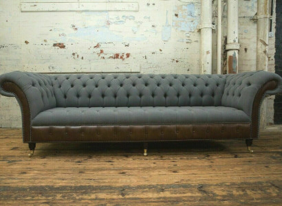 Design Chesterfield Sofa 4-Sitzer Grau Couch Polster Leder Sofas Wohnzimmer Neu