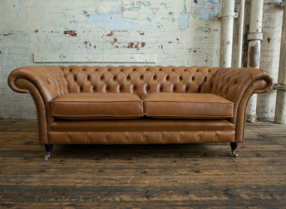 Sofa 3 Sitzer Couch Chesterfield Polster Sitz Garnitur Leder Braun Textil