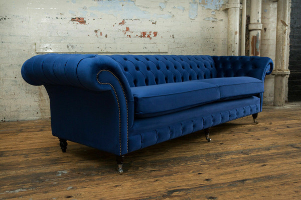 Klassische Chesterfield Couch 4 Sitzer Sofa Couch Samt Leder Blau Design Polster