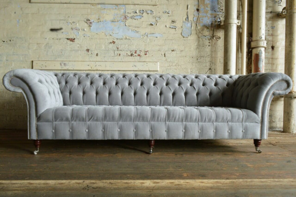 Klassische Chesterfield Sofa 4 Sitzer Sofas Couchen Leder Grau Design Polster