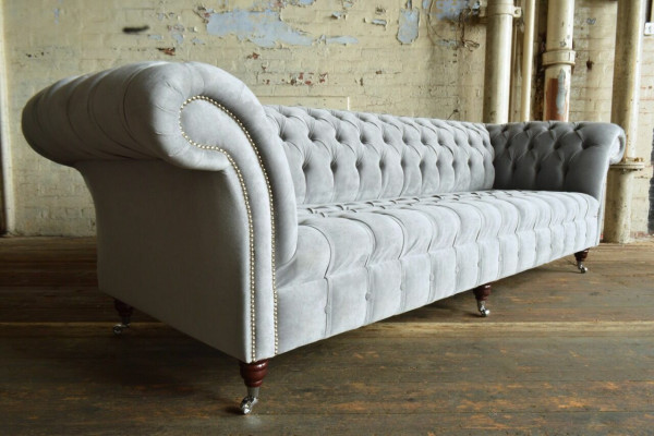 Klassische Chesterfield Sofa 4 Sitzer Sofas Couchen Leder Grau Design Polster