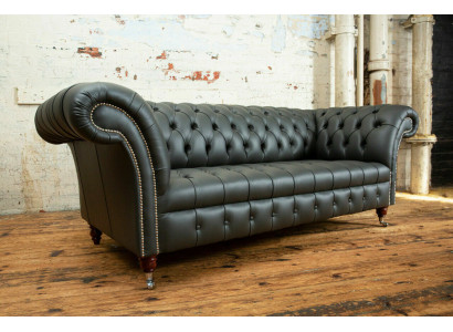 Grauer Chesterfield Leder Dreisitzer Designer 3-er Couch