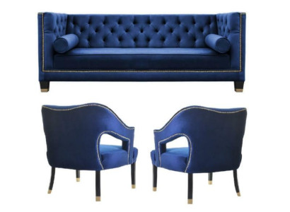 Luxus blaue Chesterfield Couchgarnitur Sessel + Dreisitzer 3+1+1 Set