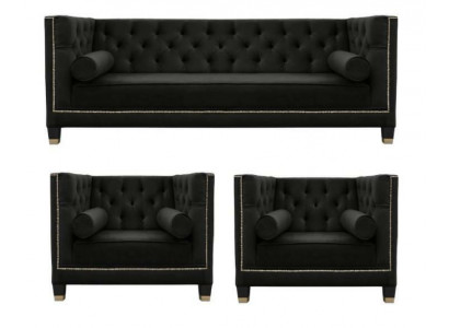 Schwarze Wohnzimmer Sofagarnitur Chesterfield Sessel Dreisitzer 3tlg