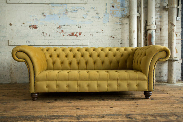 Gelber Designer Chesterfield Dreisitzer Luxus 3-er Couch Wohnzimmer Sofa