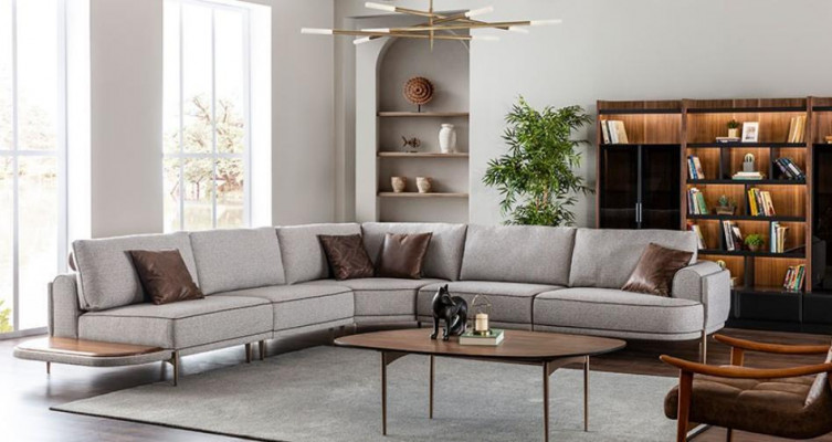 Ecksofa Stoffsofa L-Form Sofa Stoff Sofas Grau Modern Tisch Wohnlandschaft