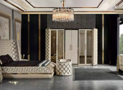 Schlafzimmer Set Chesterfield Möbel Design Bett Kleiderschrank Spiegel 7tlg.