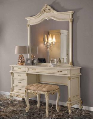 Schminktisch mit Spiegel Luxus Konsole Kommode Schlafzimmer Barock Rokoko Massivholz