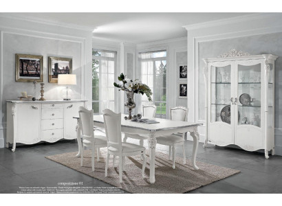 Esszimmer Set Esstisch 4x Stühle Kommode Vitrine Gruppe Garnitur Weiß Neu 7tlg.