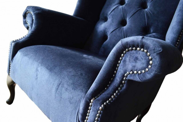 Chesterfield Design Sessel Polster Luxus Blau Textil Couchen Ohrensessel