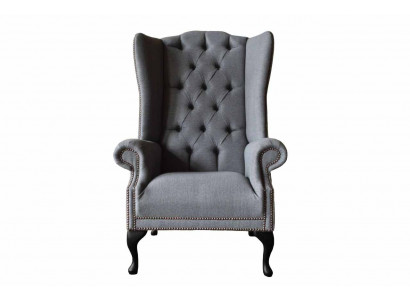 Ohrensessel Chesterfield Sofa Couch Polster 1 Sitzer Grau Sessel Textil
