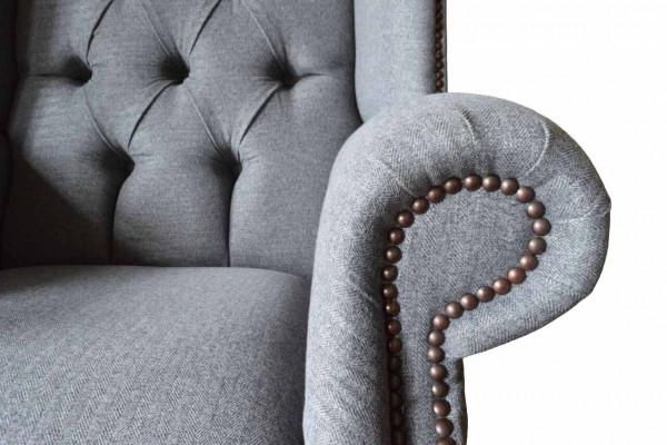 Ohrensessel Chesterfield Sofa Couch Polster 1 Sitzer Grau Sessel Textil