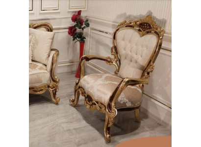Ohrensessel Sessel Luxus Design Polster Sofa Couch Chesterfield Textil Gold Neu