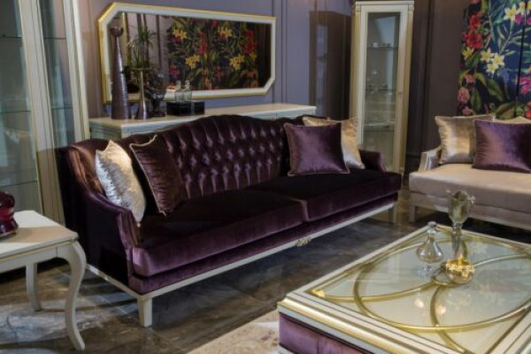 Lila Chesterfield Barock Möbel Dreisitzer Sofa Textil Couch Neu