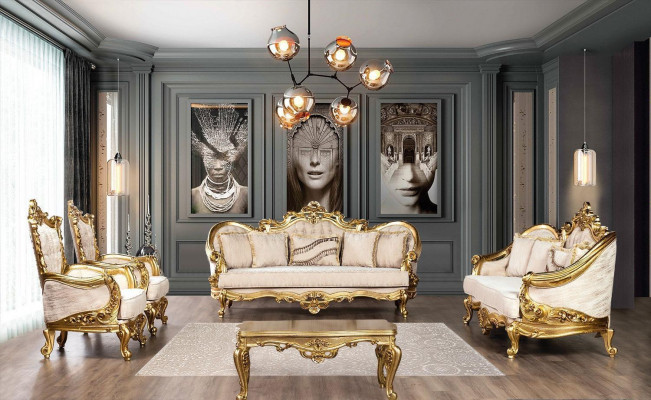 Sofagarnitur 3+1 Platz Luxuriöser Goldener Kaffeetisch Wohnzimmer 3tlg.