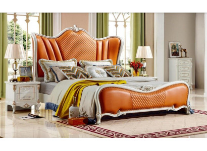 Bett Klassisches Schlafzimmer Chesterfield Orange 2x Nachttisch 3tlg Holz