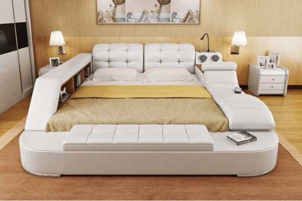 Doppel Luxus Leder Bett + USB Polster Betten Moderne Hotel Multifunktion 