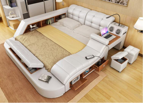 Doppel Luxus Leder Bett + USB Polster Betten Moderne Hotel Multifunktion 
