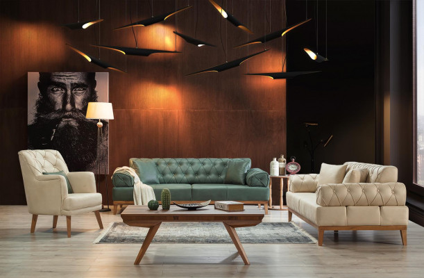 Wohnzimmer Sessel Möbel Modern Stoff Lounge Textil Kunstleder beige