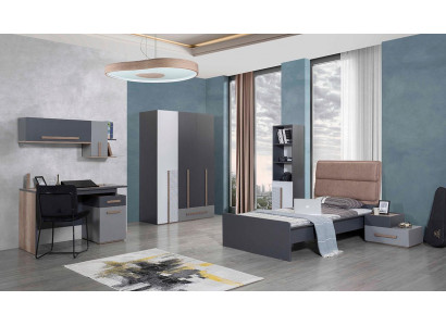 Graues Jugendzimmer Kleiderschrank Bücherregal Kinderzimmer Bett 5tlg